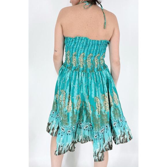 NWT Y2K Women’s Smocked Turqouse Paisley Halter Tie Dress Size Small - Picture 2 of 3